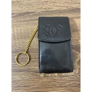 Chanel black lambskin leather cigarette case pouch w chain